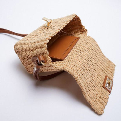 Women Casual Flap Buckle Weave Design Straw Crossbody Bag