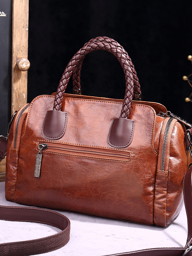 Women Fashion Retro Zip PU Woven Handle Shoulder Bag