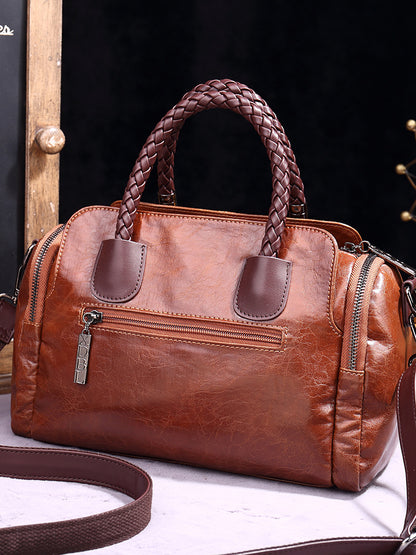 Women Fashion Retro Zip PU Woven Handle Shoulder Bag