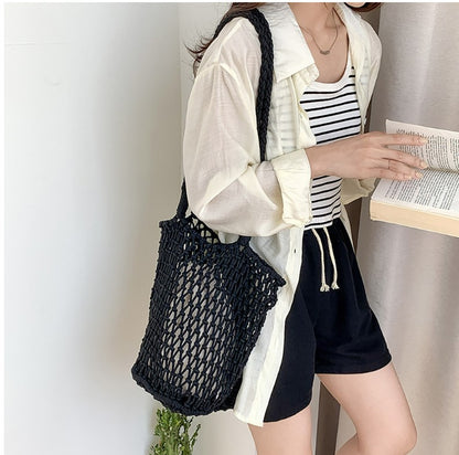 Women Casual Solid Color Hollow Woven Large Capacity Tote Shoulder Bag