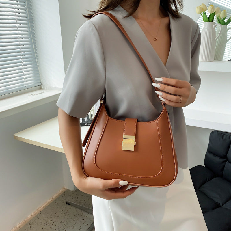 Women Casual Buckle Design Solid Color PU Shoulder Bag