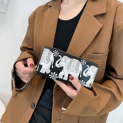 Women'S Fashion Ethnic Style Elephant Print Pu Leather Multi-Card Coin Purse