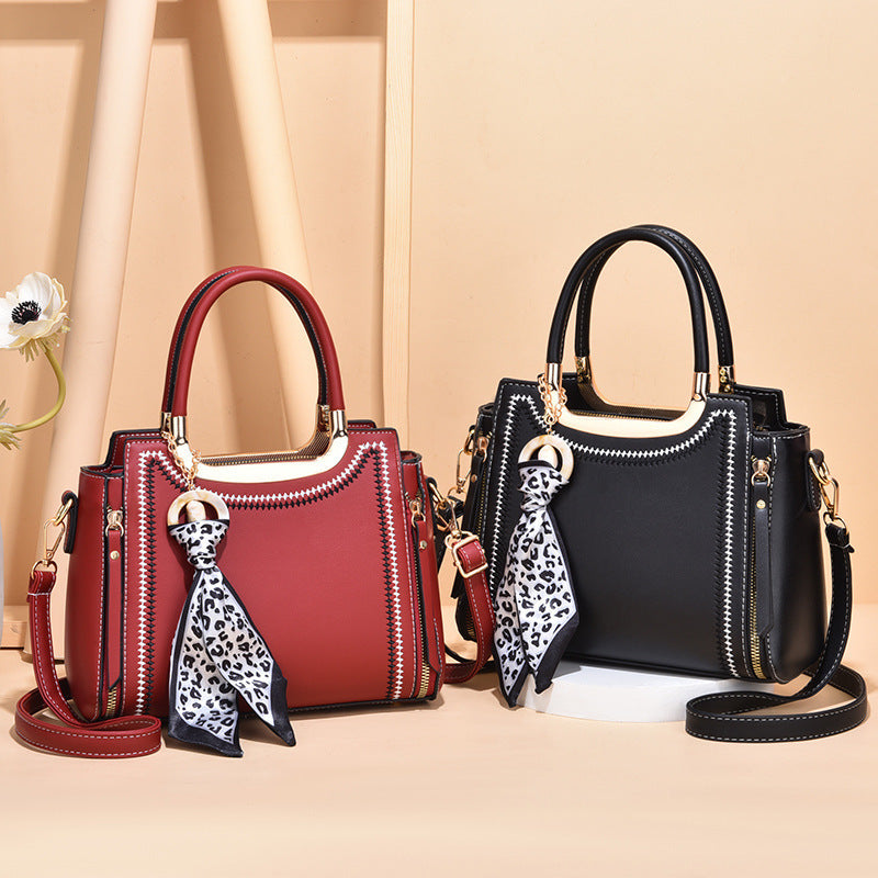 Women Fashionable Large Capacity Silk Scarf Decorative Zipper PU Handle Shoulder Bag