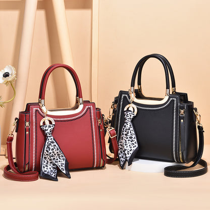 Women Fashionable Large Capacity Silk Scarf Decorative Zipper PU Handle Shoulder Bag