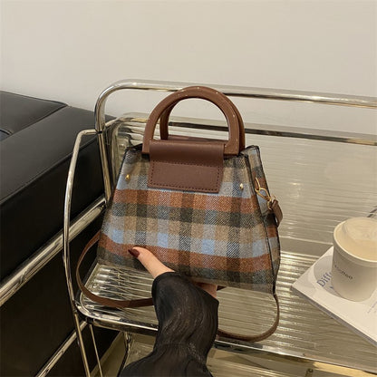 Sac seau décontracté à bandoulière en laine à carreaux rétro pour femme 