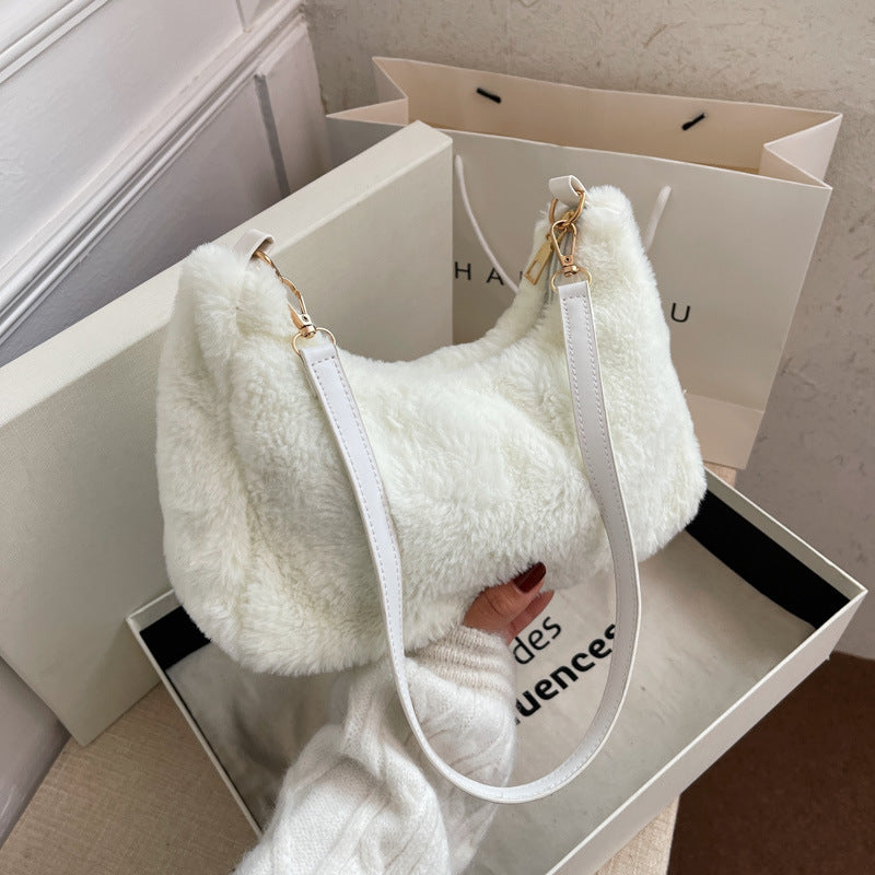 Sac à bandoulière en peluche de couleur unie pour femme, décontracté, à la mode, automne et hiver 