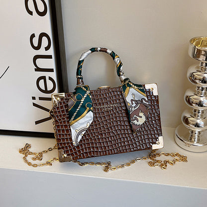 Women Fashionable Simple Square Silk Scarf Decorative Chain Crossbody Bag