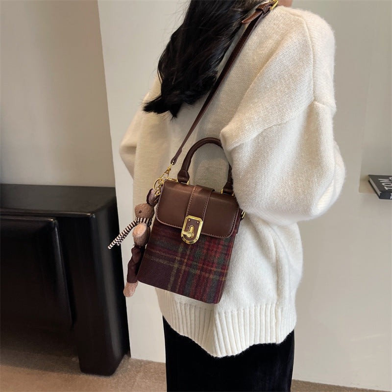 Women Fashion Woolen Plaid Flap Cartoon Pendant Shoulder Crossbody Bag