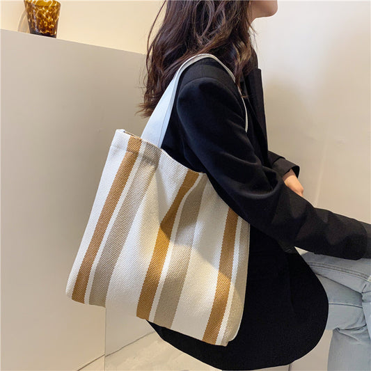 Women Casual Stripe Design Color Blocking Large Capacity Canvas Tote Bag