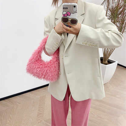 Sac à main en peluche de couleur unie pour femme, tendance automne et hiver 