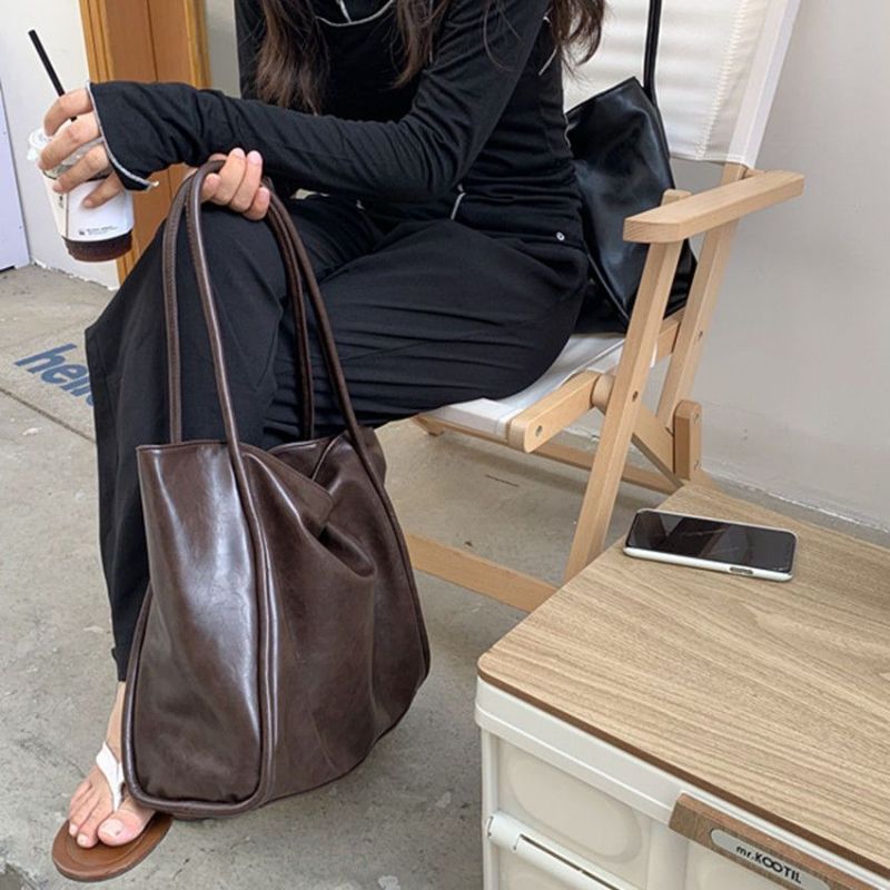Women Fashionable Simple Solid Color Large Capacity PU Tote Bag