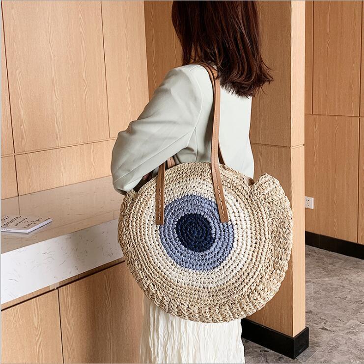 Sac à bandoulière tissé en paille de grande capacité pour femme, design pastoral, couleurs contrastées, avec poignée 