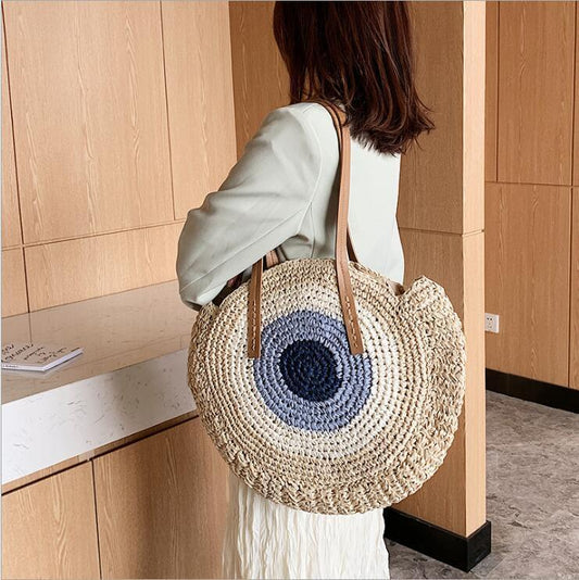 Sac à bandoulière tissé en paille de grande capacité pour femme, design pastoral, couleurs contrastées, avec poignée 