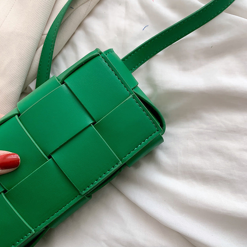 Sac à bandoulière carré en PU tissé à carreaux de couleur unie pour femme 