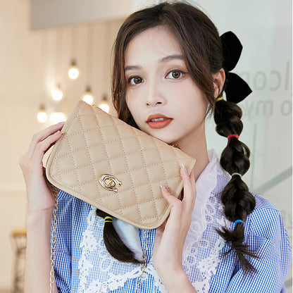 Women Fashion Simple Solid Color Metal Buckle Flap Quilted Square Chain Crossbody Bag