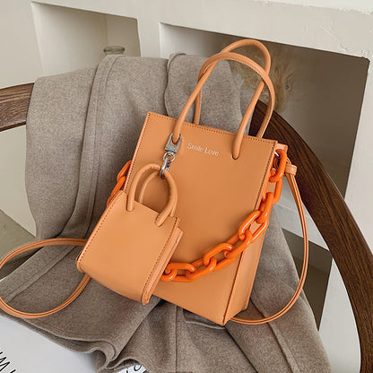 2 In 1 Women Fashion Basic Chain Decorative Solid Color PU Handle Bag