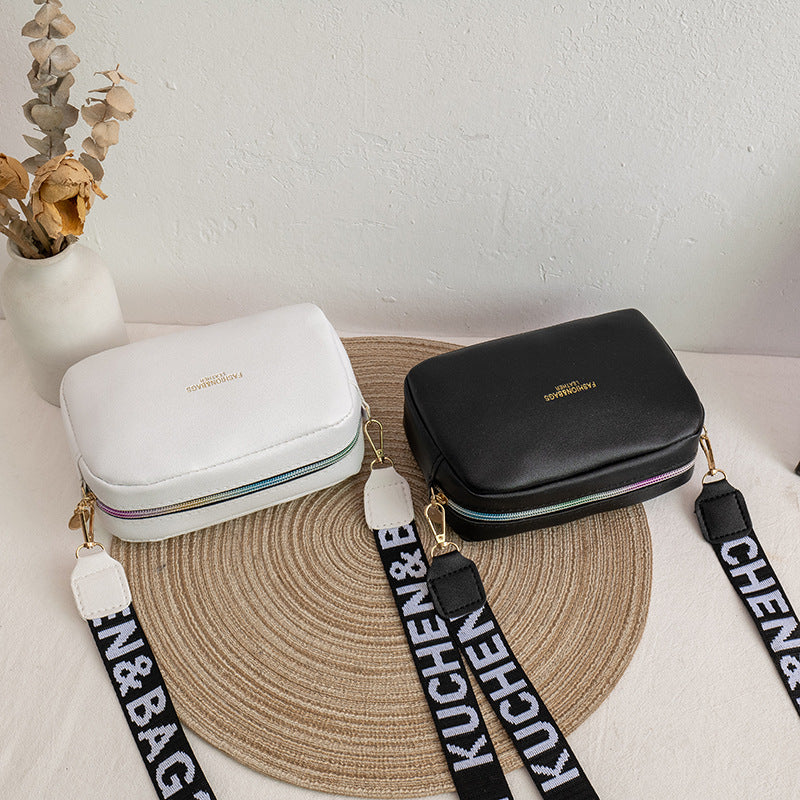 Women Fashionable Simple Solid Color Square Letter Wide Shoulder Strap Crossbody Bag