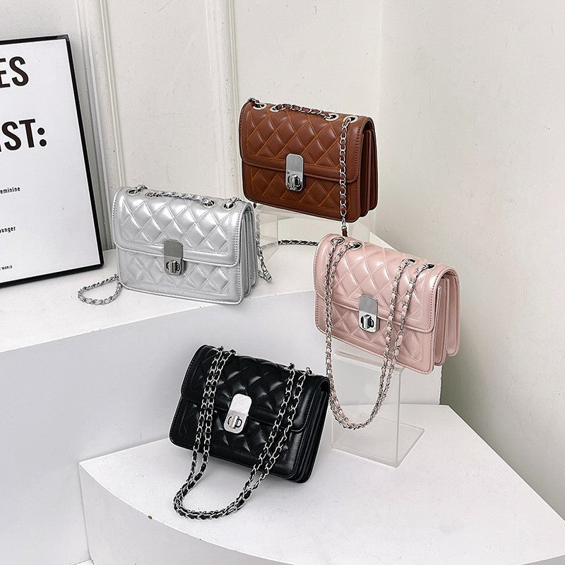 Women Fashion Casual Solid Color Rhombic Chain Small Square Shoulder Bag