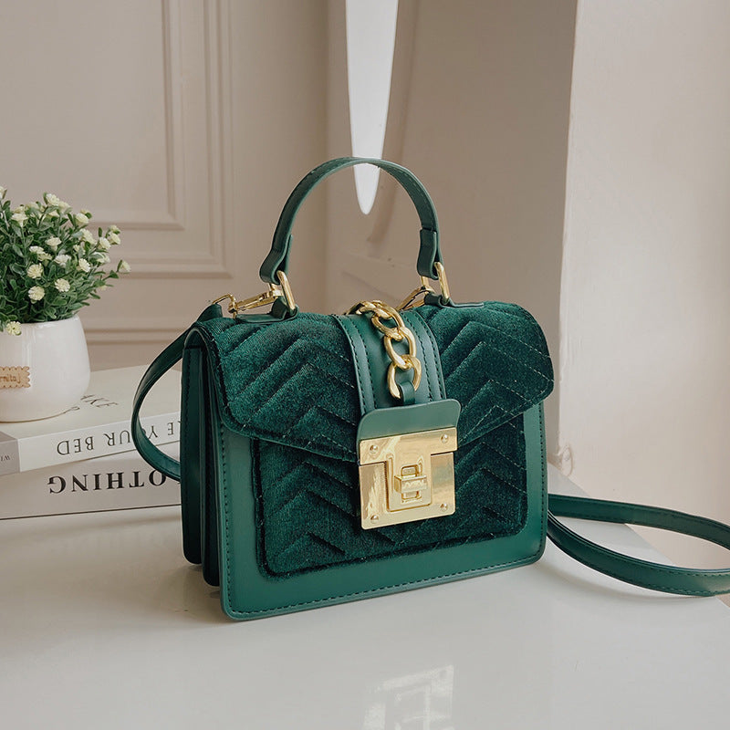 Women Elegant Metal Buckle Chain Design Solid Color Patchwork PU Crossbody Bag