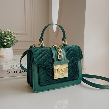 Women Elegant Metal Buckle Chain Design Solid Color Patchwork PU Crossbody Bag