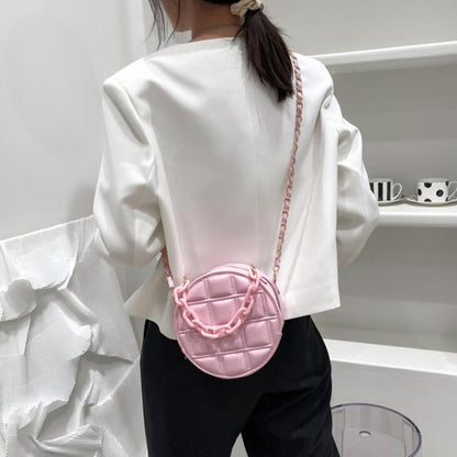 Sac à bandoulière rond en PU pour femme, joli sac à chaîne avec fermeture éclair, couleur unie, motif écossais gaufré 