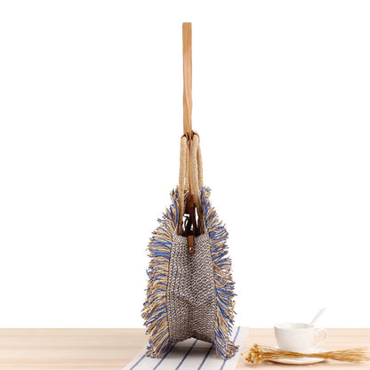 Women Bohemian Straw Woven Tassel Round Shoulder Bag