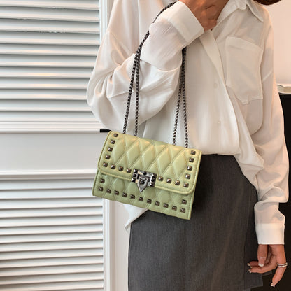 Women Simple And Fashionable Studded Flap Lock Square Chain Crossbody Bag