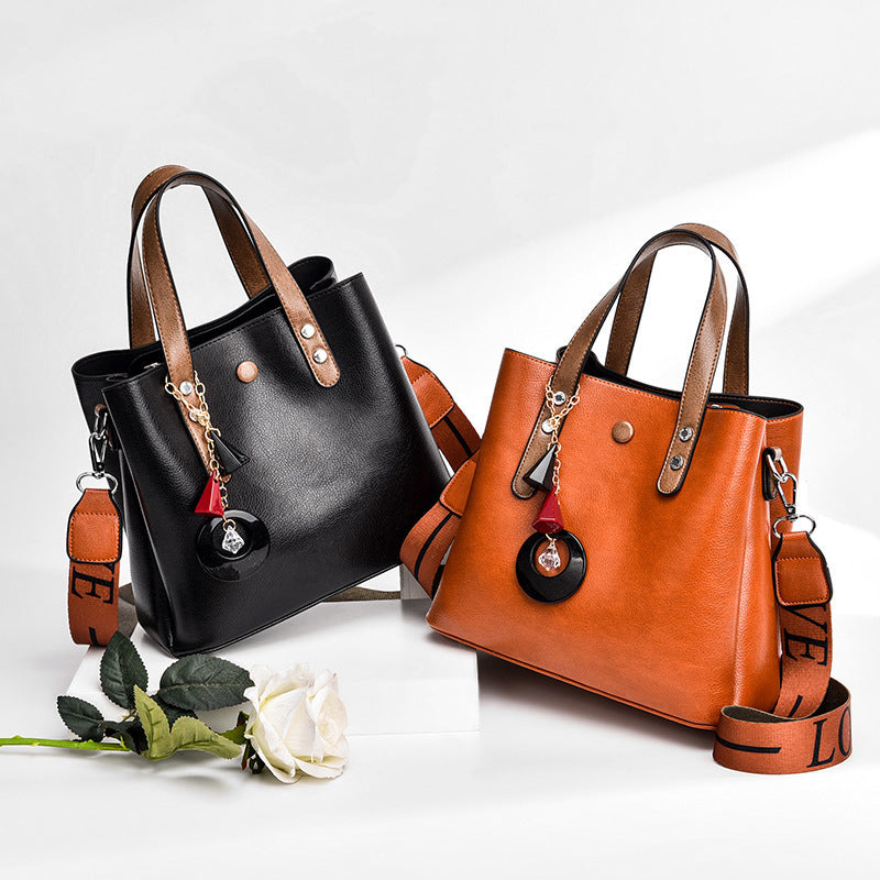 Women Fashion Solid Color Large Capacity Letter Wide Strap PU Handle Shoulder Bag