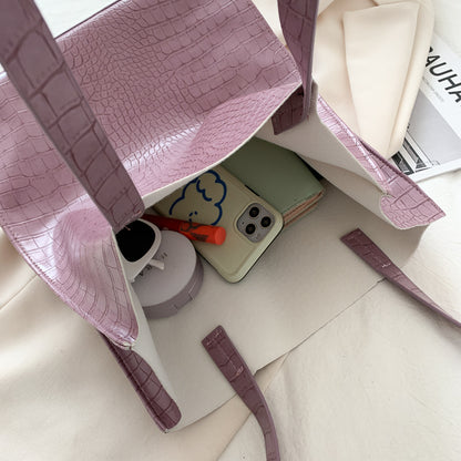 Women Fashion Basic Crocodile Pattern Large Capacity PU Shoulder Bag