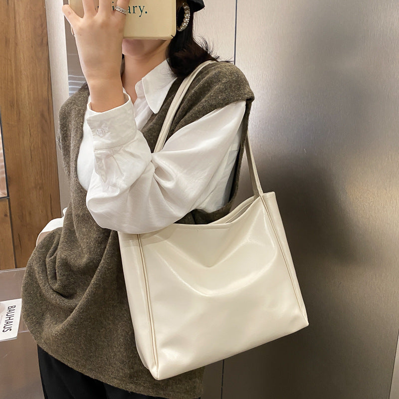 Women Fashion Basic Solid Color Large Capacity PU Shoulder Bag With Pendant