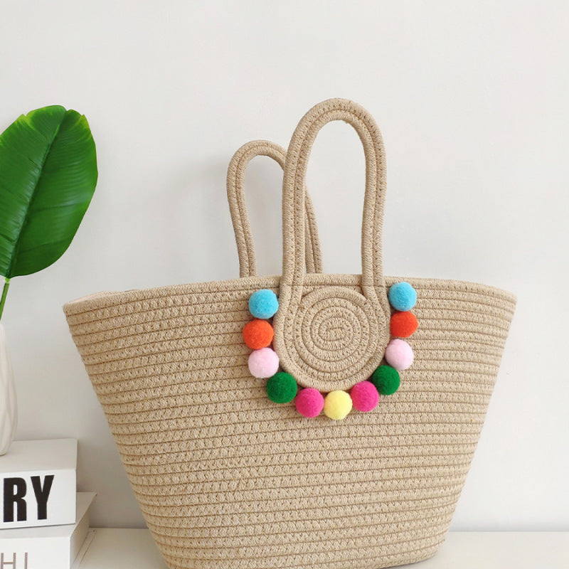 Holiday Beach Simple Cotton Rope Woven Large Capacity Straw Handbag