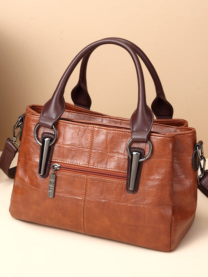 Women Fashion Retro Three-Layer Large Capacity PU Handle Bag