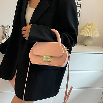 Women Fashionable Solid Color Flap Lock Shaped Handle Crossbody Bag