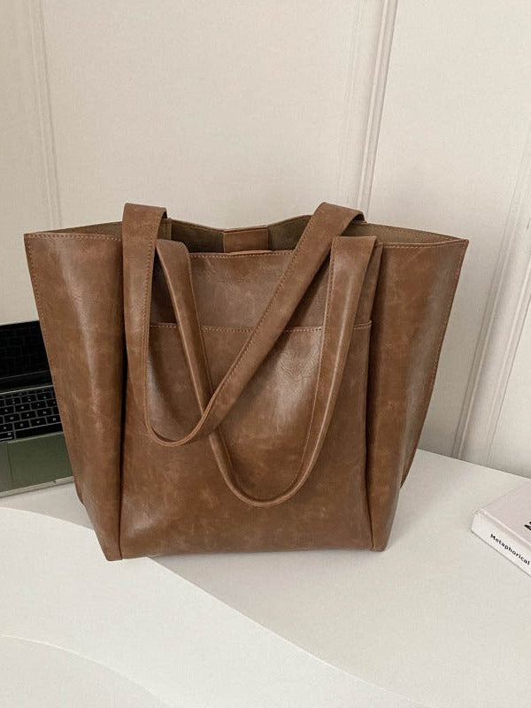 Women Retro Casual Simple Solid Color Large Capacity Tote Bag