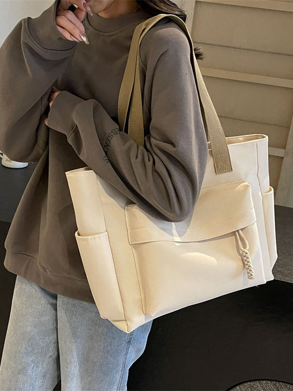 Women Casual Solid Color Large Capacity Multi-Pocket Canvas Tote Bag