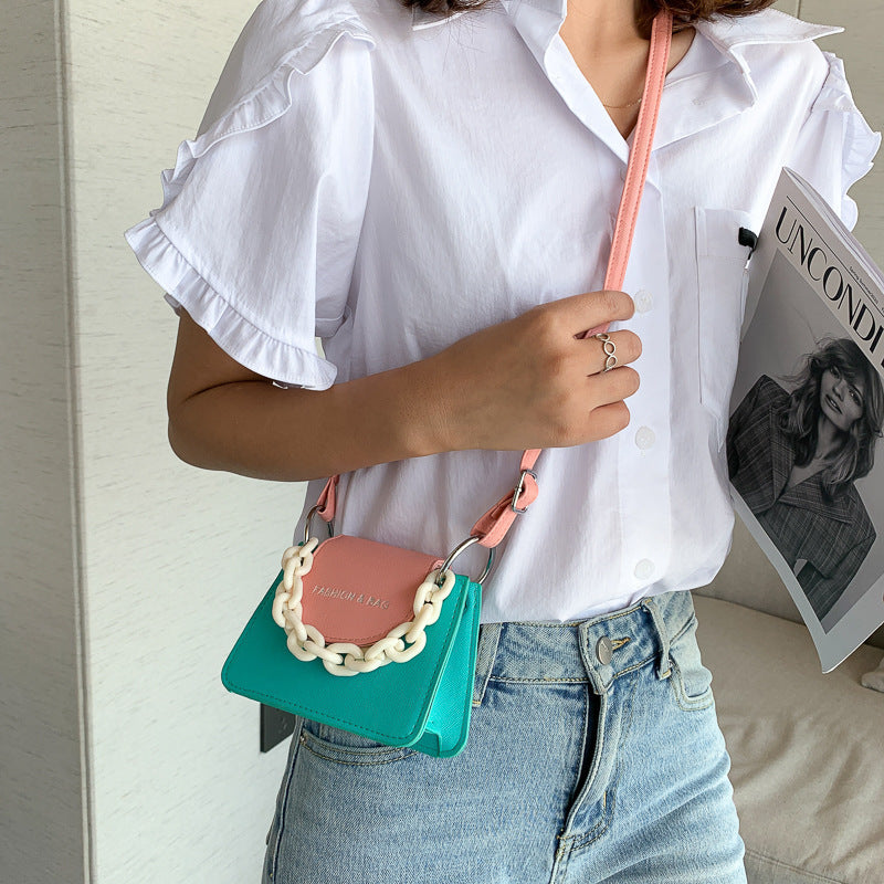 Women Creative Thick Chain Flap Design Color Blocking PU Mini Crossbody Bag