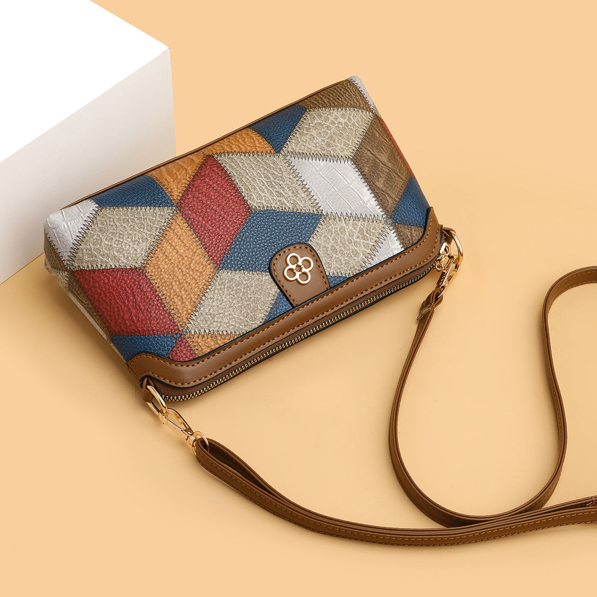 Women Fashion Bohemian Style Color Block Rhombic Stitching Zipper Crossbody Bag