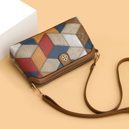 Women Fashion Bohemian Style Color Block Rhombic Stitching Zipper Crossbody Bag