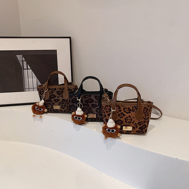 Women Fashion Casual Leopard Pendant Frosted Suede Shoulder Handbag