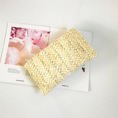 Women Pastoral Woven Design Straw Purse Clutch Bag