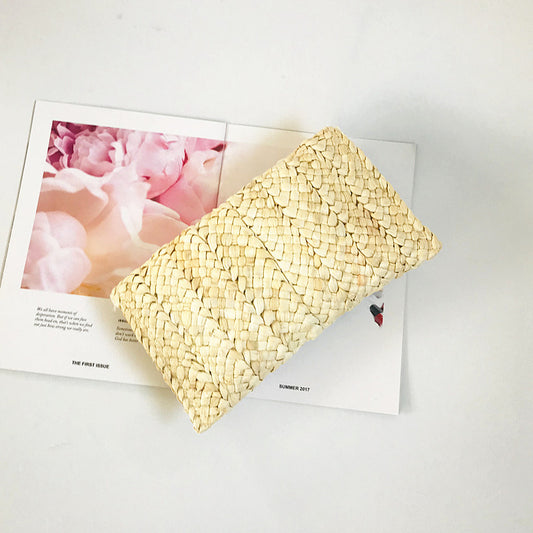 Women Pastoral Woven Design Straw Purse Clutch Bag