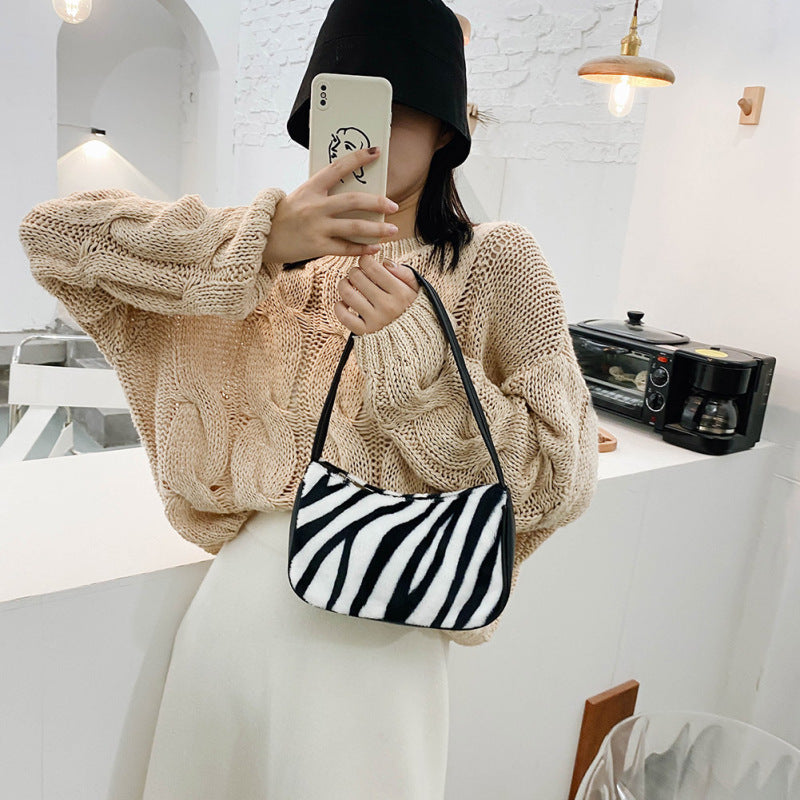 Women Fashion Chic Zebra Cow Pattern Plush Underarm Bag