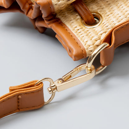 Women Bohemian Grass Woven Wide-Brimmed Jacquard Strap Drawstring Shoulder Bag