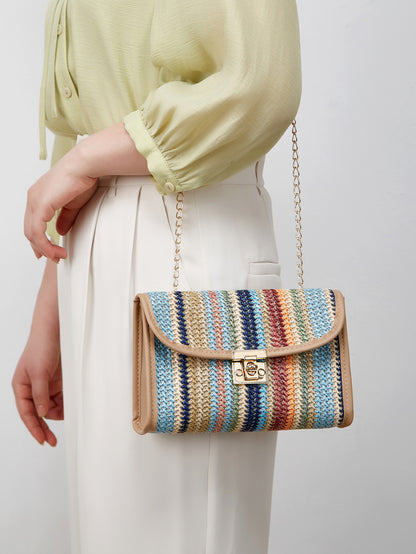 Sac à bandoulière carré à rabat tissé arc-en-ciel pour femme 