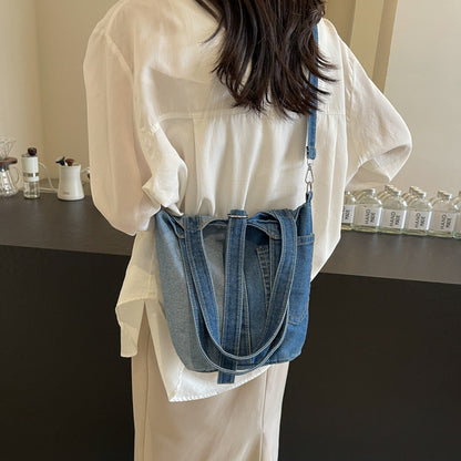 Sacs à main seau en denim de grande capacité avec coutures contrastées 