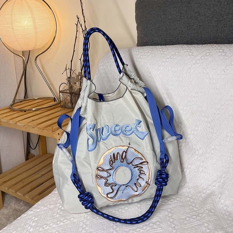 Women Fashion Nylon Embroidered Large Capacity Canvas Shopping Bag