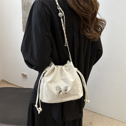 Summer Women Fashionable Solid Color Butterfly Decoration Drawstring Bucket Crossbody Bag