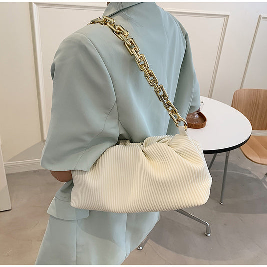Women Fashion Creative Thick Chain Decorative Crease Design Solid Color PU Underarm Bag