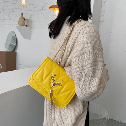 Women Fashion Deer Decorative Flap Buckle Design Solid Color PU Crossbody Bag