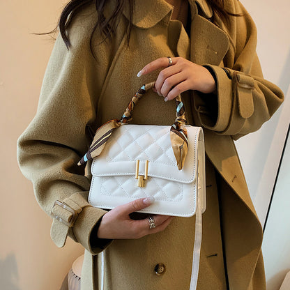 Women Elegant Silk Scarf Decorated Flap Buckle Design Rhombus Stitching Solid Color PU Crossbody Bag